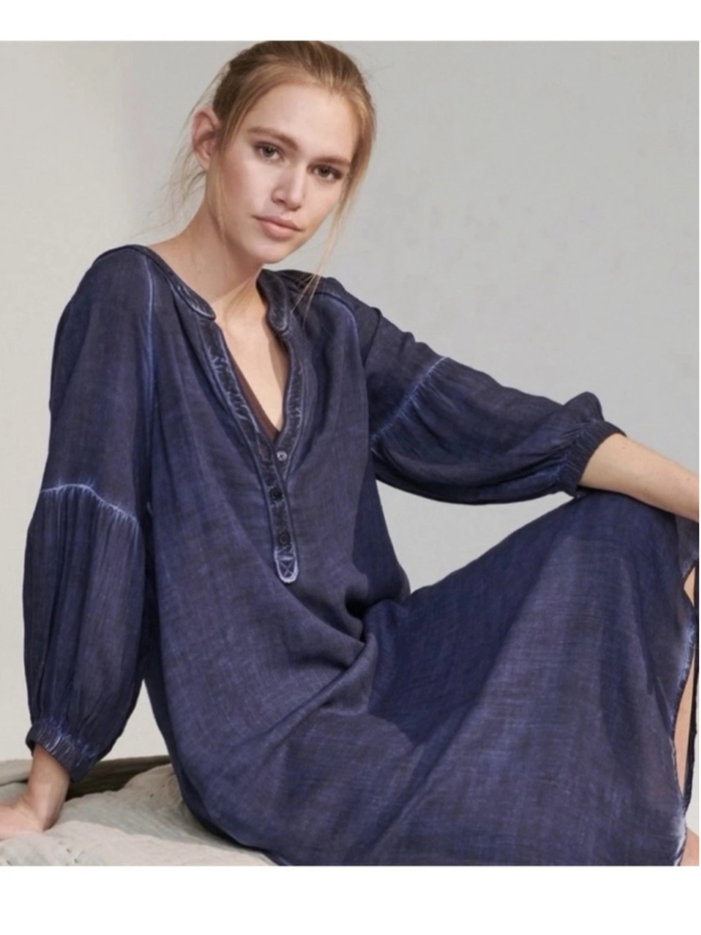 Anthropologie Saturday Sunday Blue Mineral Wash Ruffle Sleeve Midi Dress